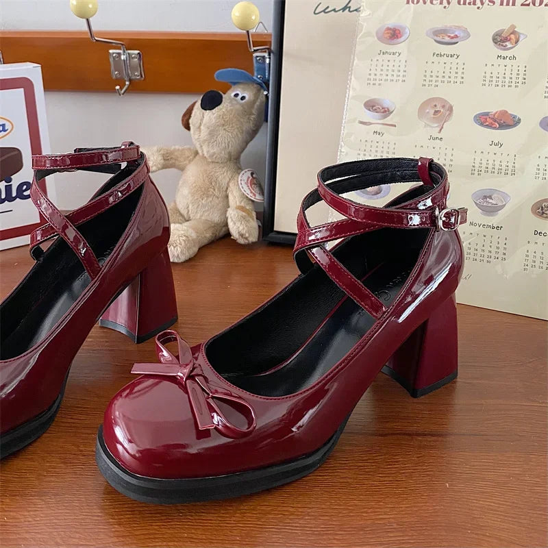 Red Mary Jane Women Pumps Thick High Heels Shoes Female Lolita Square Toe Shoes Spring Fashion Party Leather Woman Shoes New