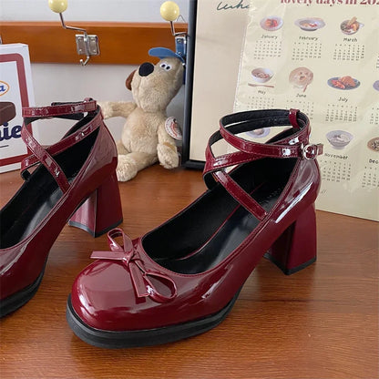 Red Mary Jane Women Pumps Thick High Heels Shoes Female Lolita Square Toe Shoes Spring Fashion Party Leather Woman Shoes New