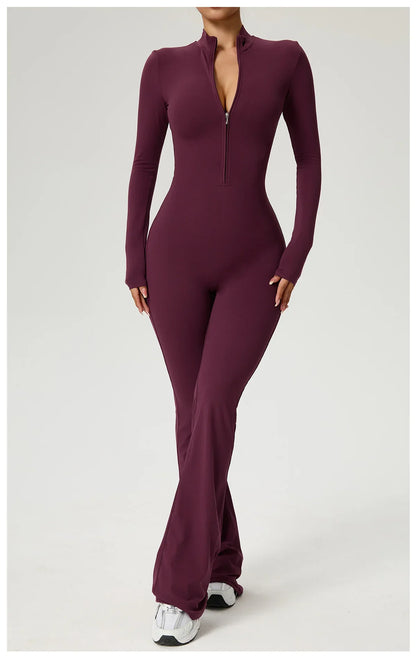 Zipper Jumpsuit Flared Pants Women Clothing Sportswear Gym Yoga Sport Sets Spandex Nylon Workout Sets Women Tracksuit