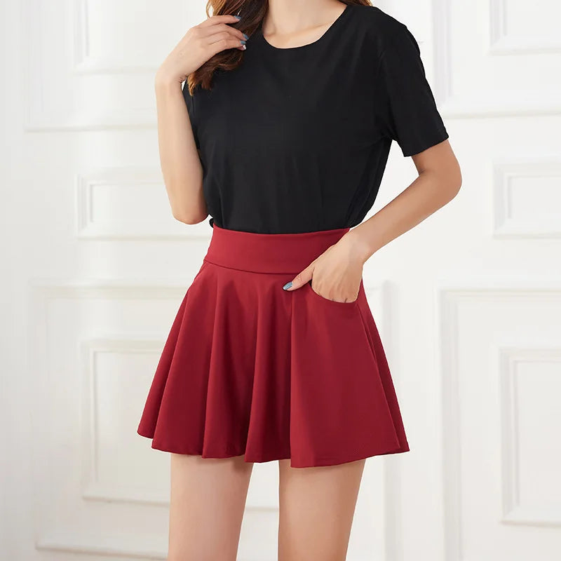Summer Women Basic Skirt Function Pocket Skirts Lined Shorts Female Style Dancer Uniform Mini Elastic Pleated Skirt Plus Size