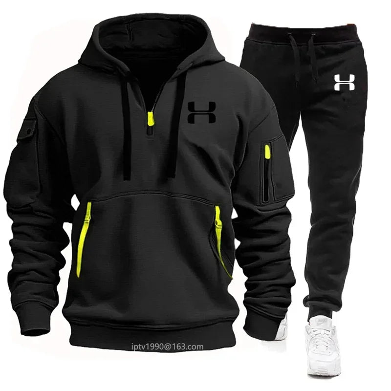 Men's autumn and winter new zipper long sleeved hooded sweatshirt, sports and casual pants, two-piece fitness jogging suit