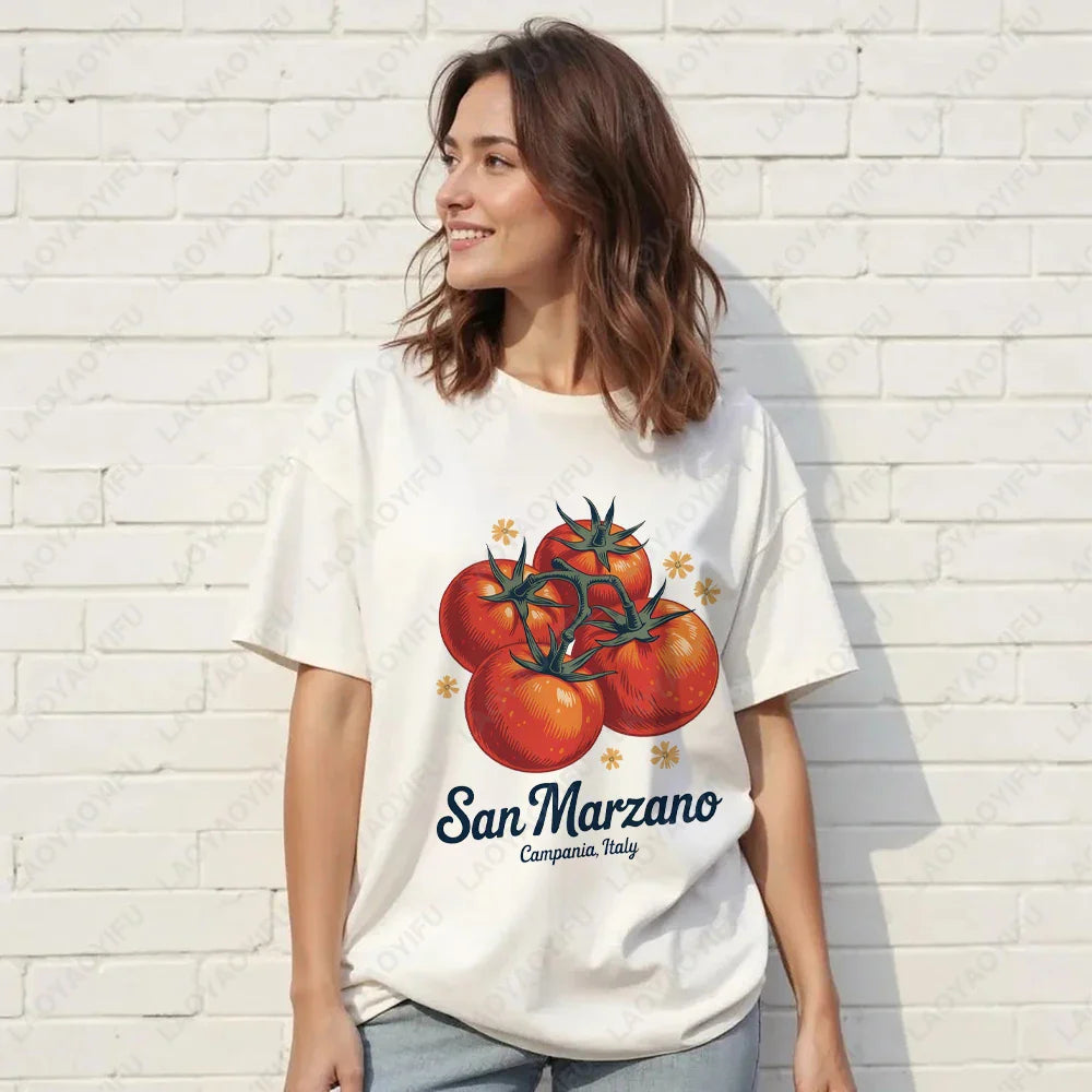 Vintage Italian Tomato Cotton Graphic Tshirt Summer Shirt Women Top Italy Vacation Aesthetic Tomato Girl Market Style