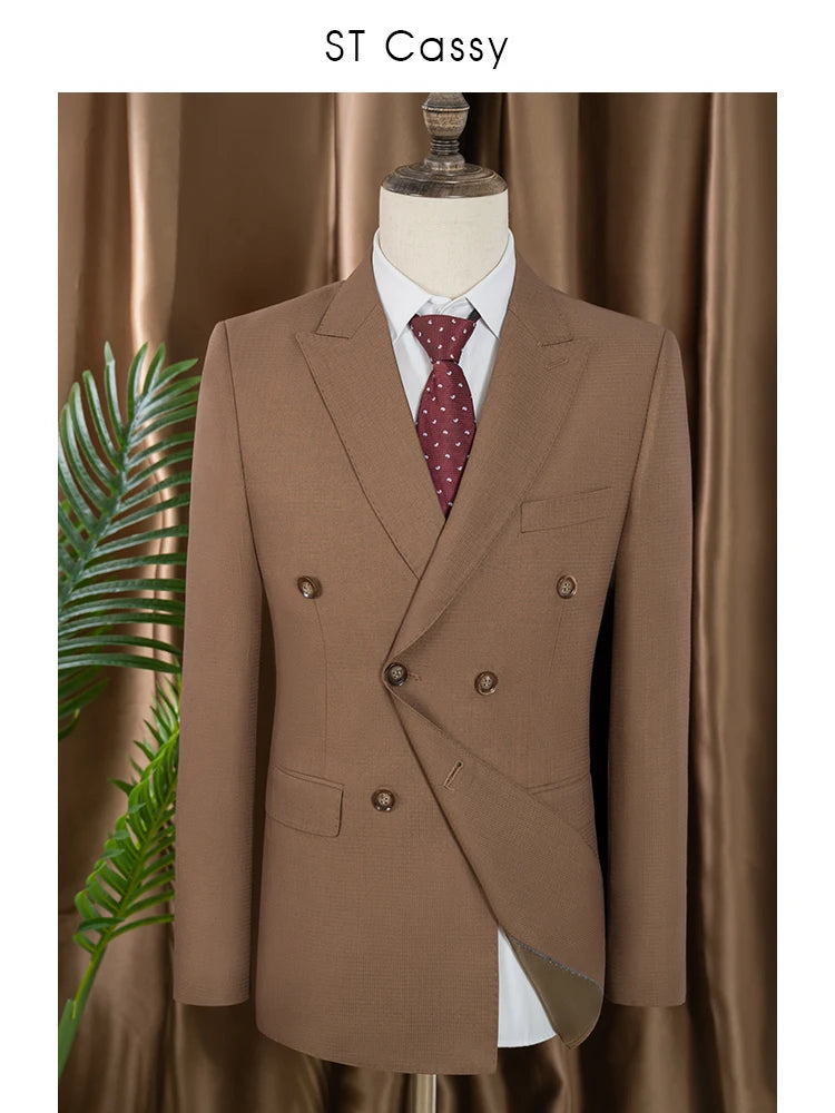 Elegant brown Double Breasted Suit Set 2 Piece Business Wedding Outfit Classic Stylish Blazer Pants Modern Trendy