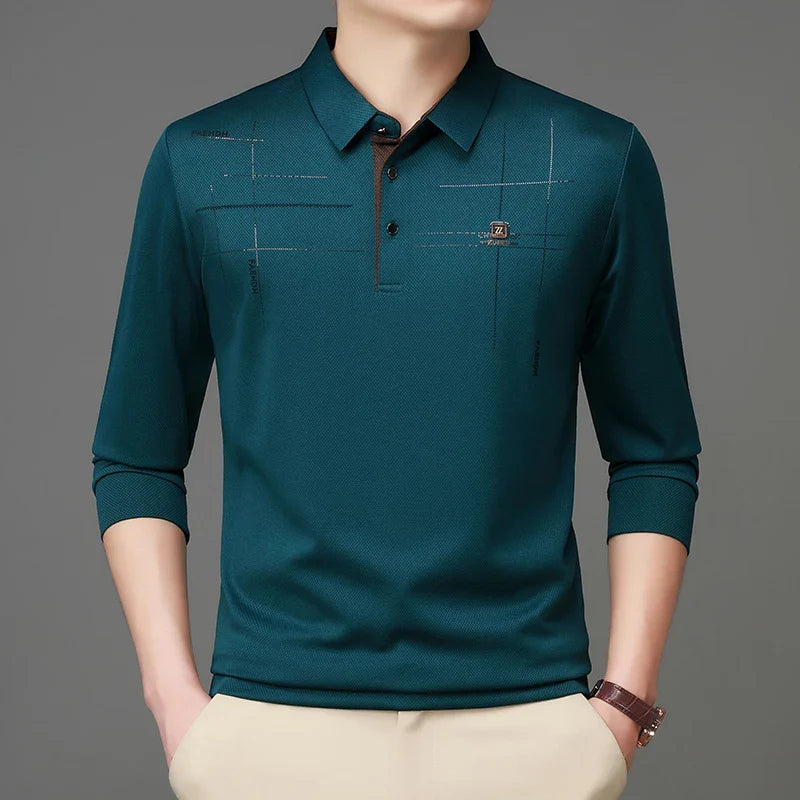2025 Latest Autumn New Men's Long Sleeve Polo Shirt Middle Aged Business Comfortable Solid Color Men's Collar T-shirt
