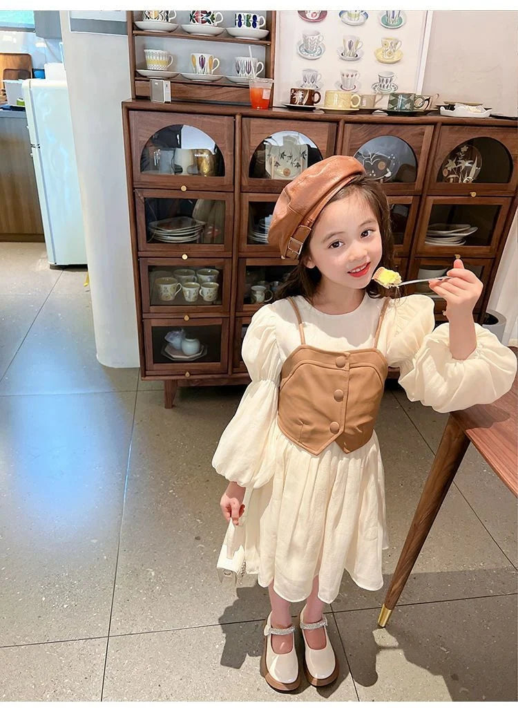 Spring Autumn Girls Dress Set Long Sleeve Children's Retro PU Leather Vest Dress Set Teenage Girls Clothing Suit 4 6 8  12Y