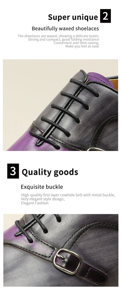 Men Leather Shoes High Quality Oxford Lace Up Side Metal Buckle Gray Purple Color Matching Handmade Business Office Formal Shoes