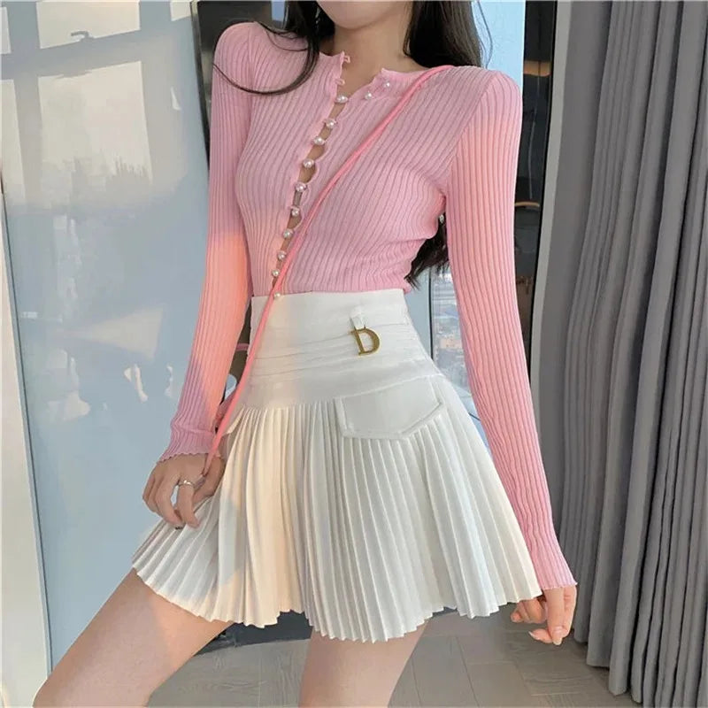 Fashions White Pleated Skirt Women High Waist Skater Skirt Female Korean A-Line High Fashion Casual Short Skirt Women Bottoms