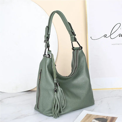 Fashion Tassel Women Shoulder Bag 100% Genuine Leather Daily Shopping Hobos Classic Large Red Tote Handbag Crossbody Bag