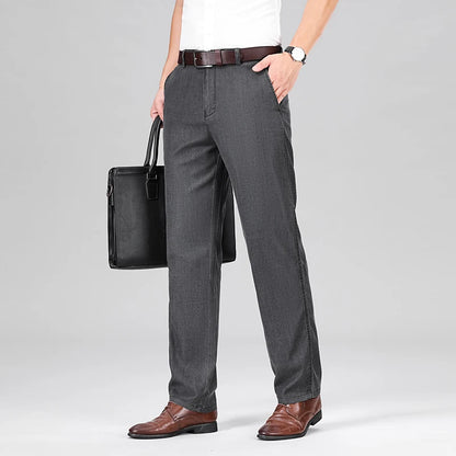 2024 New Men's Summer Thin Jeans Loose Stretch Large Size Ice Silk Straight Pants Elite Business Casual Pants Smoke Gray Blue