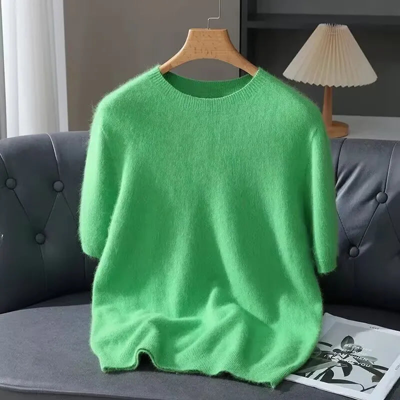 Men's Sweater Pullover Short Sleeved Summer Mink Knit Sweater Loose Round Neck Solid Color Half Sleeved Simple T-Shirt Casualtop