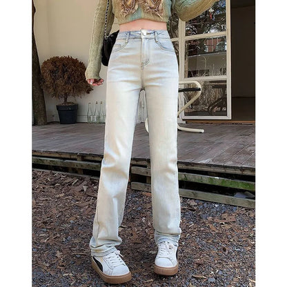 Women Korean Thin Straight Leg Jeans Pants