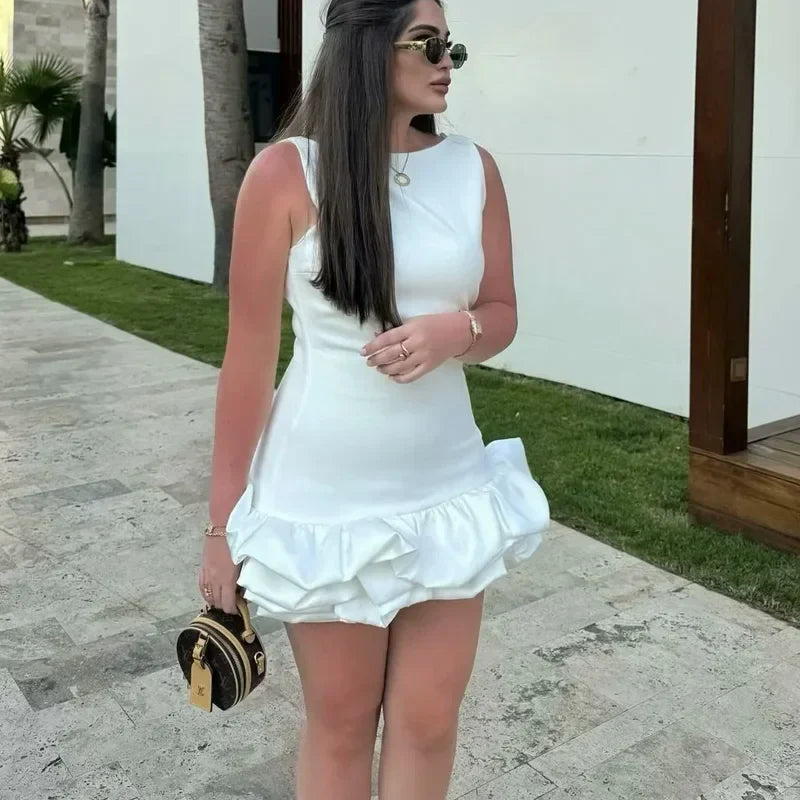 White Short Dress Women's Ruffle Backless Party Dresses Black Red Sleeveless Bodycon Mini Dress Woman Summer Sexy Vestidos