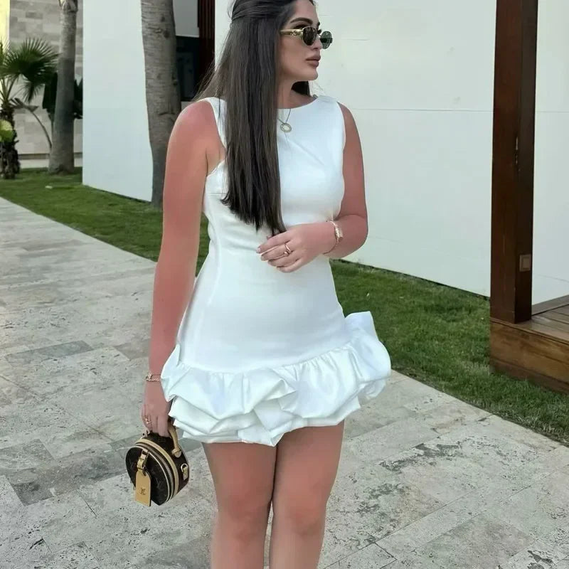 White Short Dress Women's Ruffle Backless Party Dresses Black Red Sleeveless Bodycon Mini Dress Woman Summer Sexy Vestidos