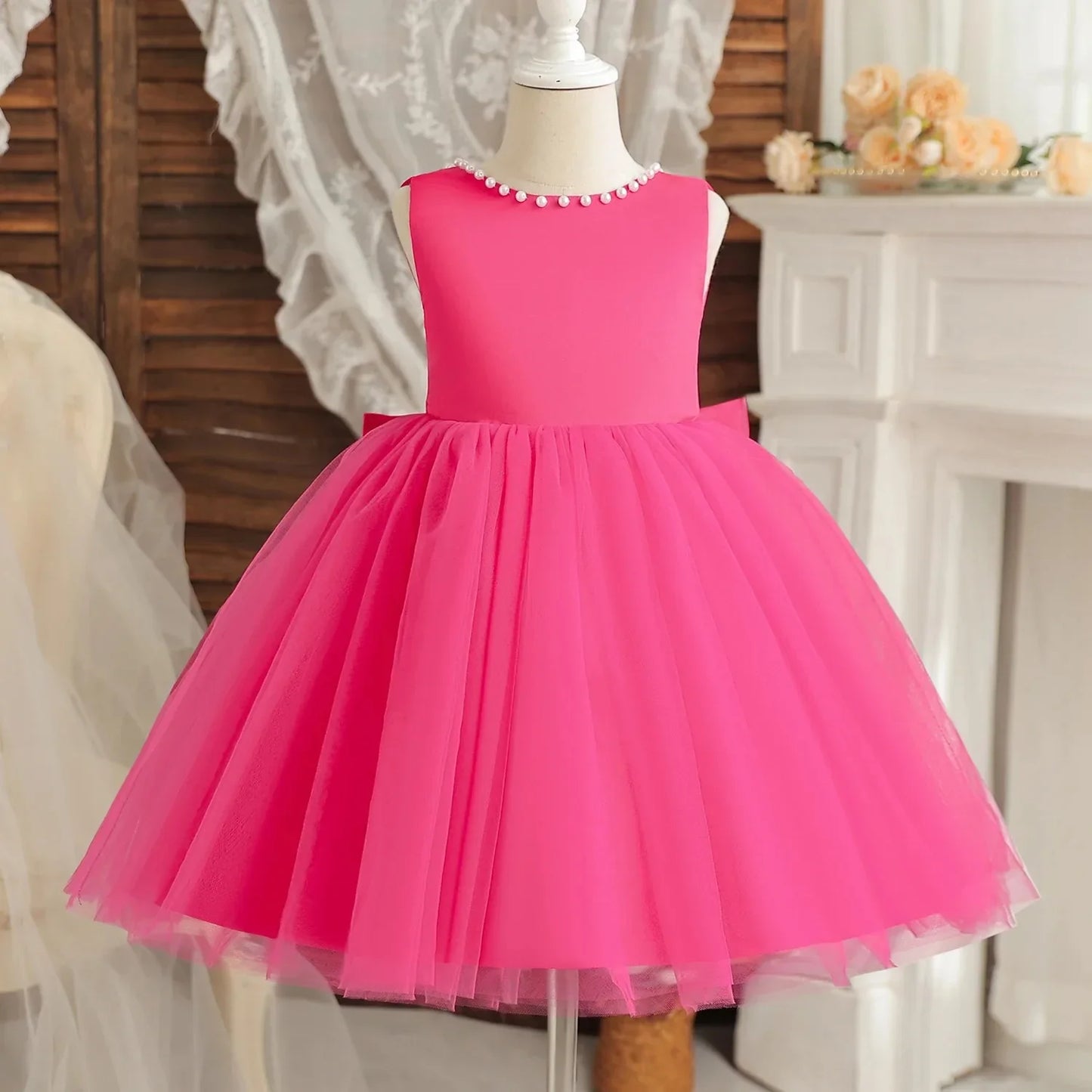 Princess Girl Bow Dress Kids Tulle Wedding Guest Party Birthday Pearls Elegant Bridesmaid Pageant Prom Ball Gown Gift