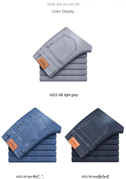 2026 Brand Thin or Thick Material Straight Cotton Stretch Denim Men's  Business Casual High Waist Light Grey Blue Jeans