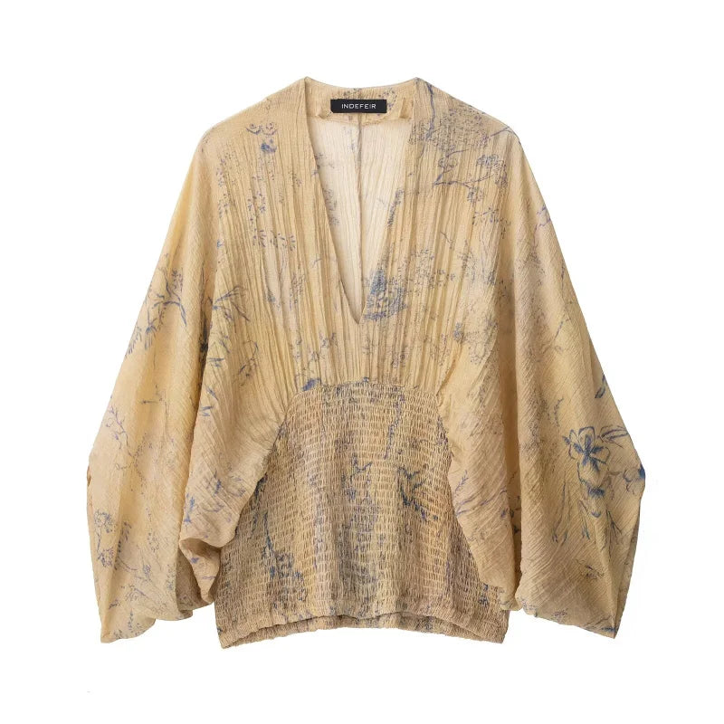 2025  autumn/winter new elegant fashion wide sleeve V-neck print shirt comfortable retro waist top
