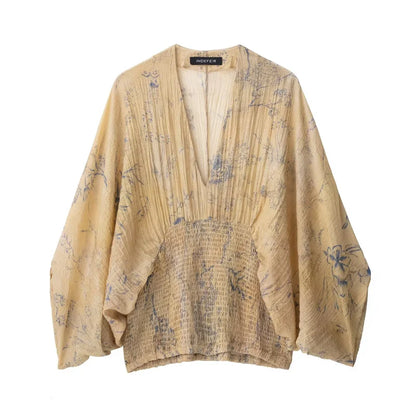 2025  autumn/winter new elegant fashion wide sleeve V-neck print shirt comfortable retro waist top