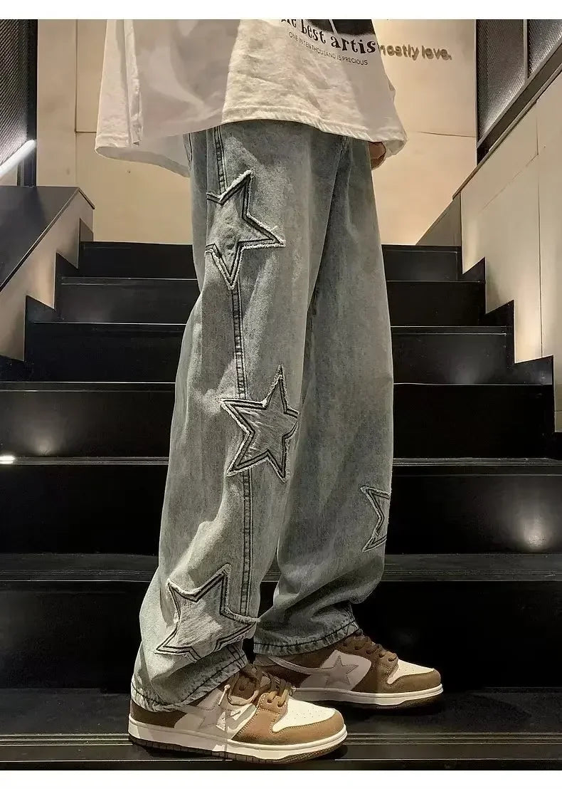 Star Embroidered Straight Casual Men's Jeans Y2K Gothic Unisex New Wide-leg Loose, Comfortable Fashionable Youth Street Jeans