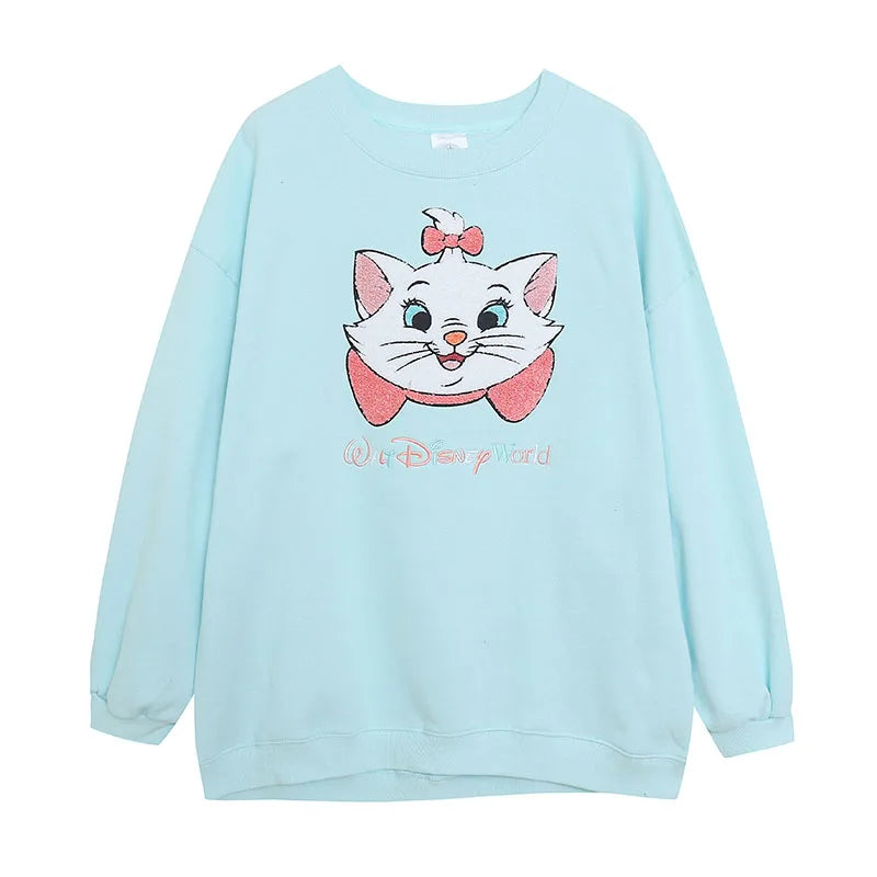Embroidery Sweatshirt Women Casual Fleece Jumper Marie Cat Cartoon Loose Pullover Top O Neck Long Sleeve