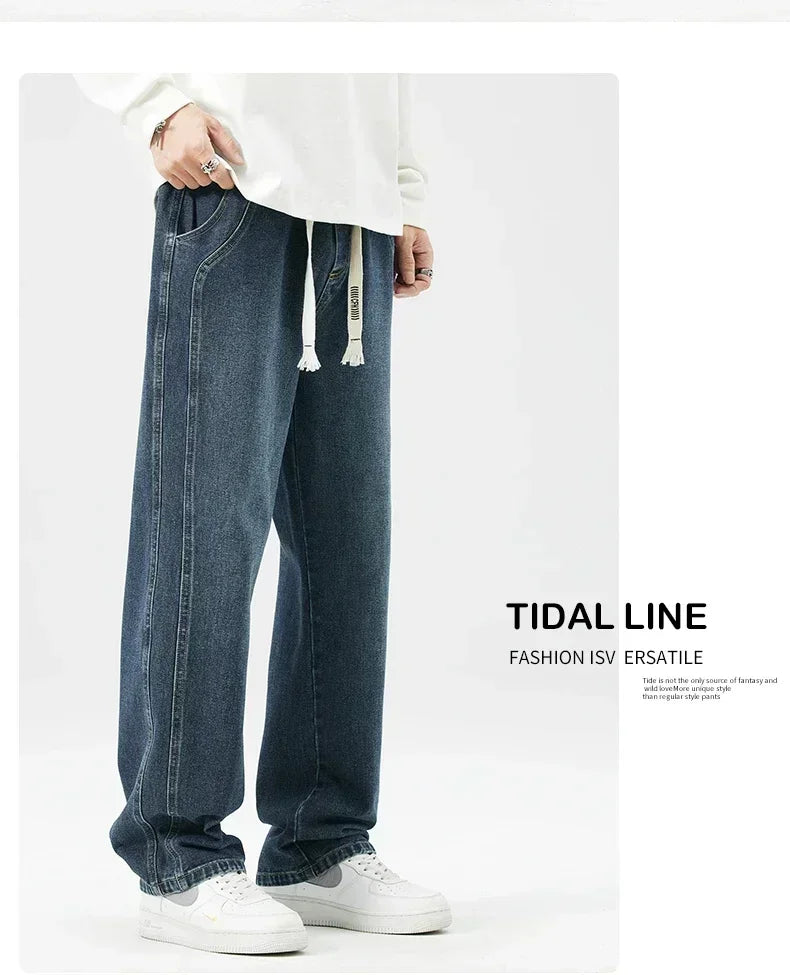 Men's Retro Jeans Elastic Waist Fashion Loose Straight Casual Wide Pants Cotton Casual Korean Baggy Wide Leg Denim Trousers