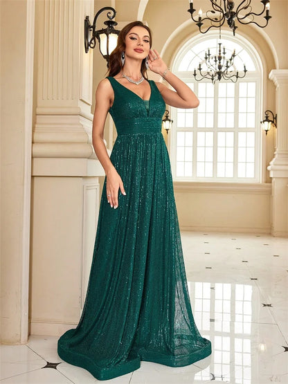 Women Luxury V-Neck Sleeveless Green Formal Evening Dresses Sequins 2025 Wedding Party Prom Maxi Cocktail Dress Vestido