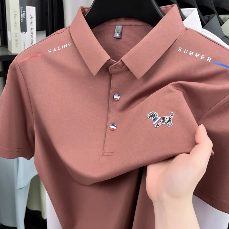 New Business Men's Lapel Polo Shirt High End Design Cartoon Dog Print Short Sleeve T-Shirt Summer Fashion Breathable Men's Wear