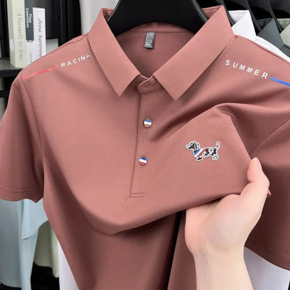 New Business Men's Lapel Polo Shirt High End Design Cartoon Dog Print Short Sleeve T-Shirt Summer Fashion Breathable Men's Wear