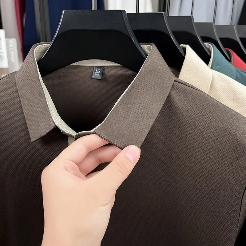 Men's High End Brand Print Solid Color Lapel Polo Shirt Autumn New Skin Friendly Long Sleeved T-shirt Fashion Versatile Menswear
