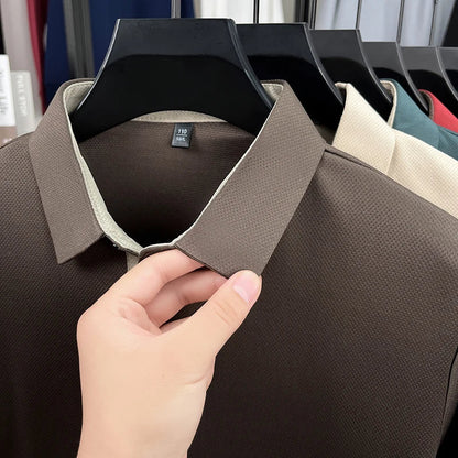 Men's High End Brand Print Solid Color Lapel Polo Shirt Autumn New Skin Friendly Long Sleeved T-shirt Fashion Versatile Menswear