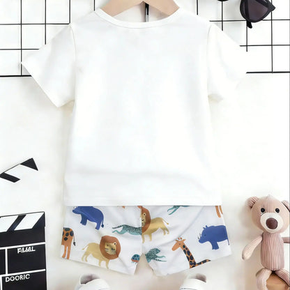 Boys’ zoo print two-piece set: fresh tee + loose shorts, cover kids’ comfort and natural playfulness
