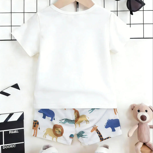 Boys’ zoo print two-piece set: fresh tee + loose shorts, cover kids’ comfort and natural playfulness