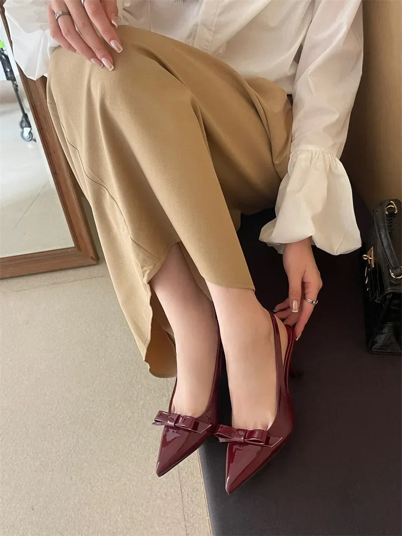 Big Size 43 Butterfly-knot Slingbacks Women Pumps Elegant Pointed Toe Thin Heels Shoes Sexy Banquet Zapatos De Mujer