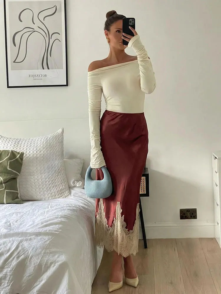 Women Lace Patchwork Midi Skirt Slim High Waist Satin Skirts Summer Trend Woman Elegant Evening Party Chic Skirts ﻿Mujer