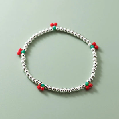 Real 925 Sterling Silver Basic Cherry Round Beads Adjustable Bracelet for Women Charm Bracelet Fine Jewelry Birthday Gift