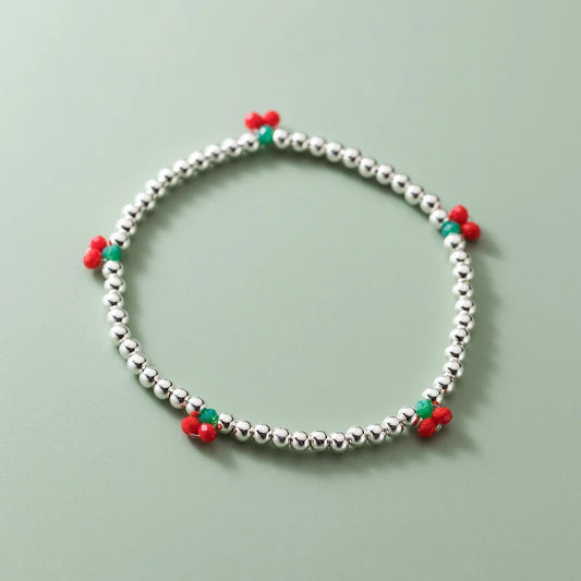 Real 925 Sterling Silver Basic Cherry Round Beads Adjustable Bracelet for Women Charm Bracelet Fine Jewelry Birthday Gift