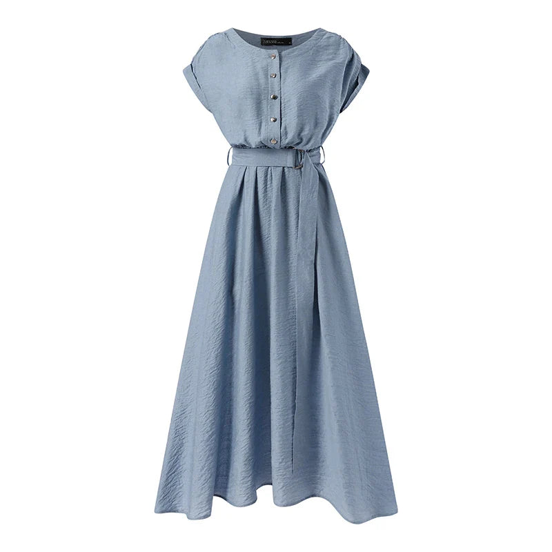 Women Fashion Short Sleeve Dress Summer Elegant Party Vestidos Casual Mid-calf Sundress Femme Vintage OL Robe Kaftan