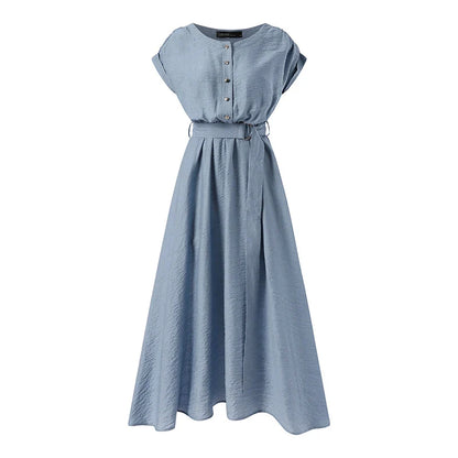 Women Fashion Short Sleeve Dress Summer Elegant Party Vestidos Casual Mid-calf Sundress Femme Vintage OL Robe Kaftan