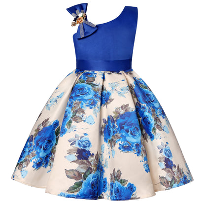 Off-the-Shoulder Dress European and American Princess Dress Girls' Printed Formal Dress Children's Hostess Dress