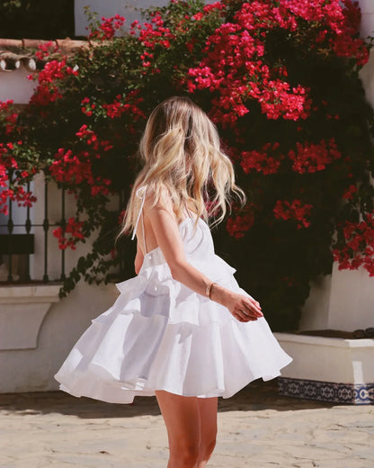 Sexy Loose White 100% Cotton Women's Dress Summer Strap Sleeveless Mini Dresses Classic Ruffle Female Beach Dress