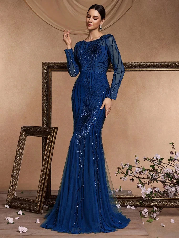 Elegant Long Sleeves Blue Sequins Evening Dresses 2025 Women Mermaid Formal Party Maxi Prom Dress Cocktail Graduation Gowns