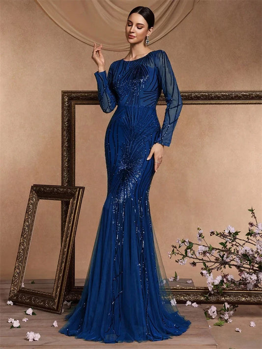 Elegant Long Sleeves Blue Sequins Evening Dresses 2025 Women Mermaid Formal Party Maxi Prom Dress Cocktail Graduation Gowns