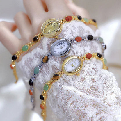 Women's watch Vintage Natural Colorful Jade Bracelet Wristwatches Clock,Luxury Elegant Small Oval Dial Quartz Watch Waterproof