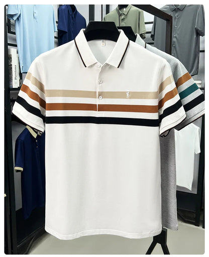 Boutique cotton short sleeve men's polo shirt 2025 summer fashion striped high-end flip collar top casual youth business T-shirt