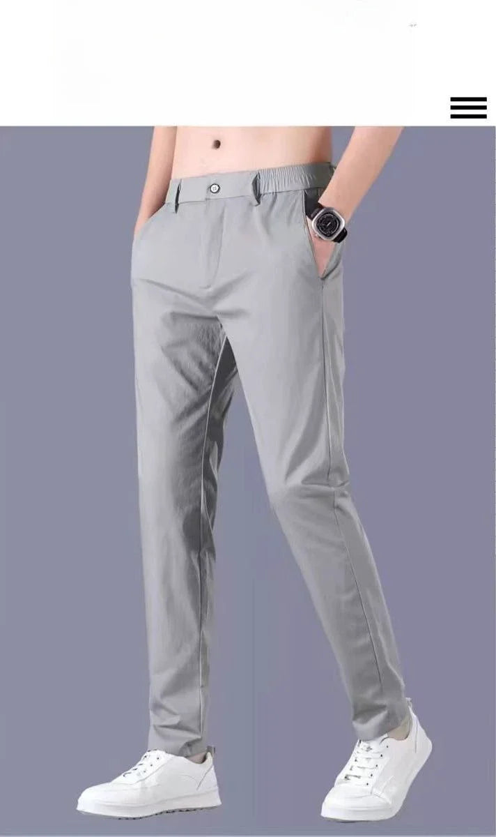 Men's Lightweight Casual Pants Summer Thin Ice Silk Straight Tube Simple Business Office Trousers Comfortable Soft Daily Wear