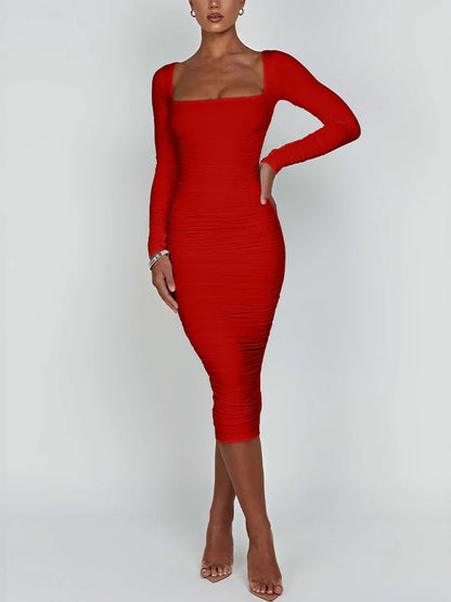 Vestido Feminino de Outono e Inverno Sexy Colado ao Corpo Decote Quadrado Manga Longa Vestidos de Noite para Senhoras