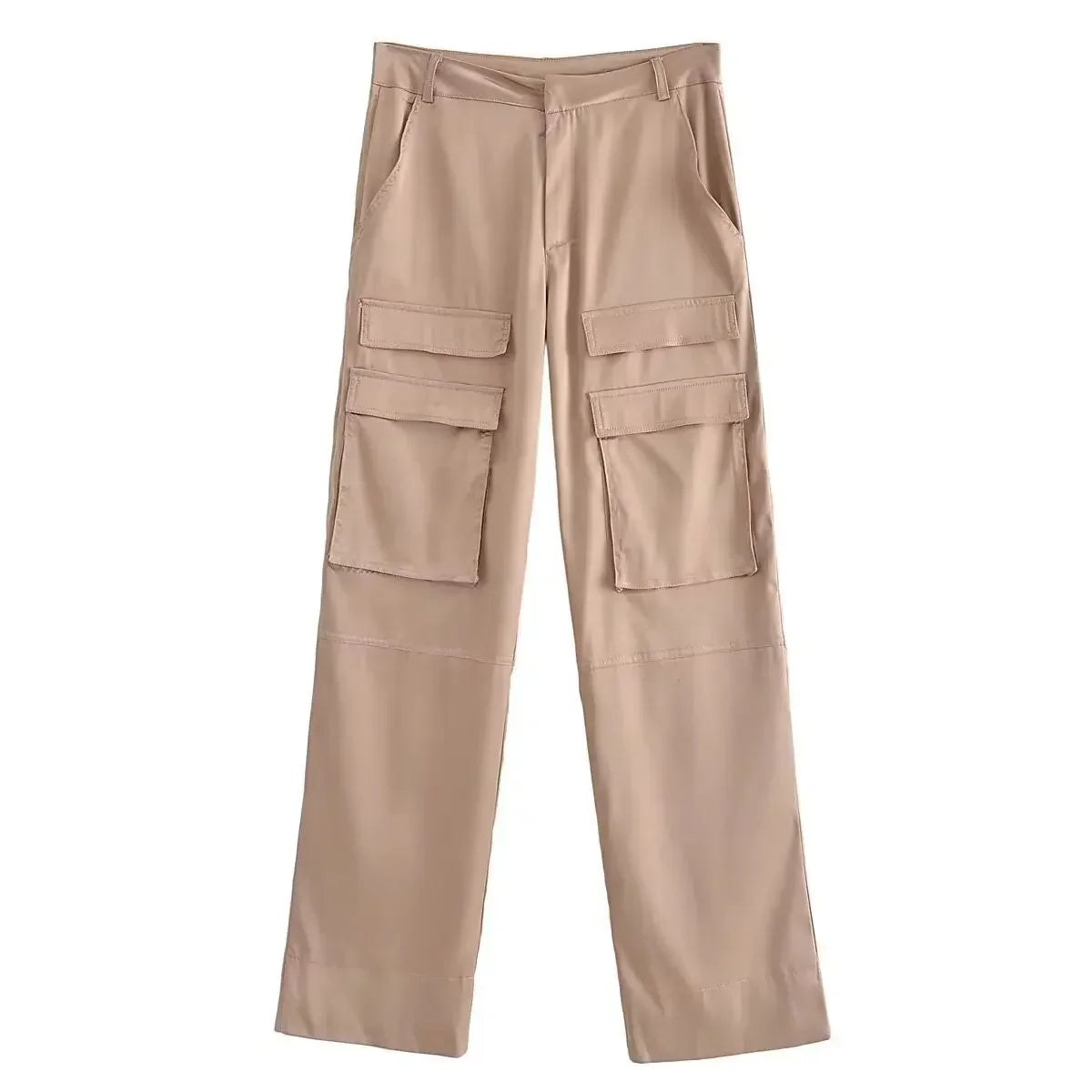 Women Fashion with Pockets Versatile High-waist Slim Multi-pocket Silk Satin Texture Straight Overalls