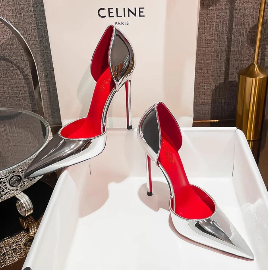 2025 new ultra light mouth red high heels for women, slim heels, pointed red, super sexy plus size hollow single shoes