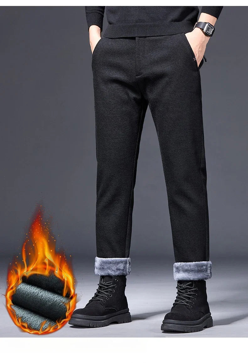 Men's Winter Fleece Elastic Casual Pants Thick Warm Soft Business Stretch Slim Trousers Streetwear Fashion Korean Brand Clothes