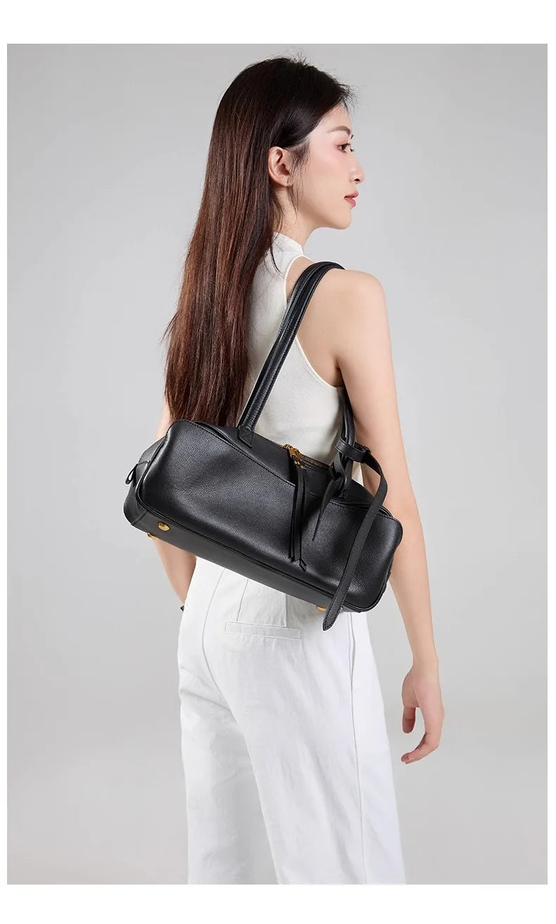 High version genuine leather pillow bag for women 2025 new all-match large capacity first layer cowhide bowling bag for women