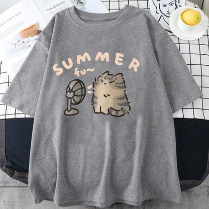 Korean Version Retro Minimalist Cat Printed Summer T-shirt Casual Loose Couple Thin Short Sleeves Women Men T Shirts